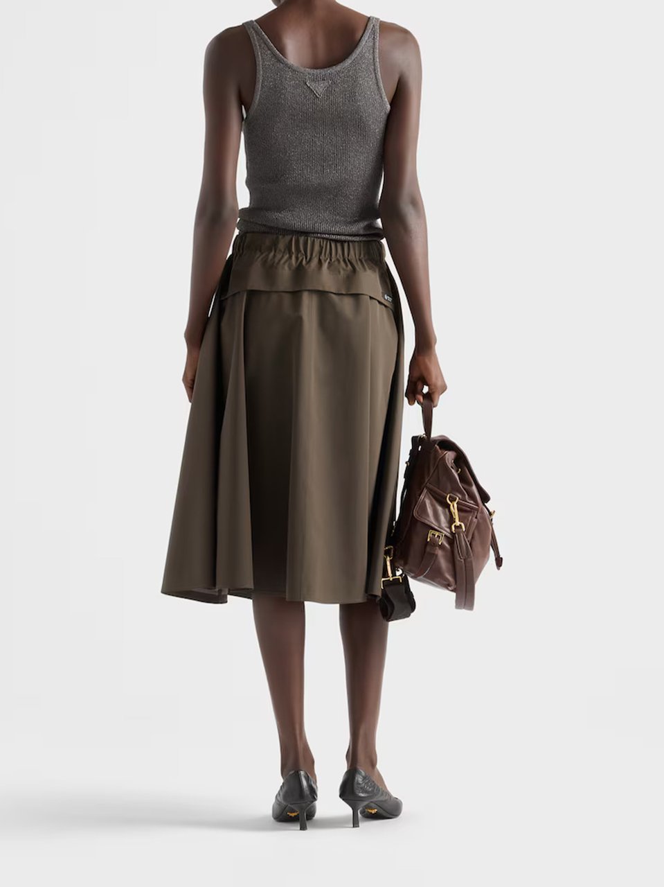 Prada Muted Olive Flared Midi Skirt Zwart