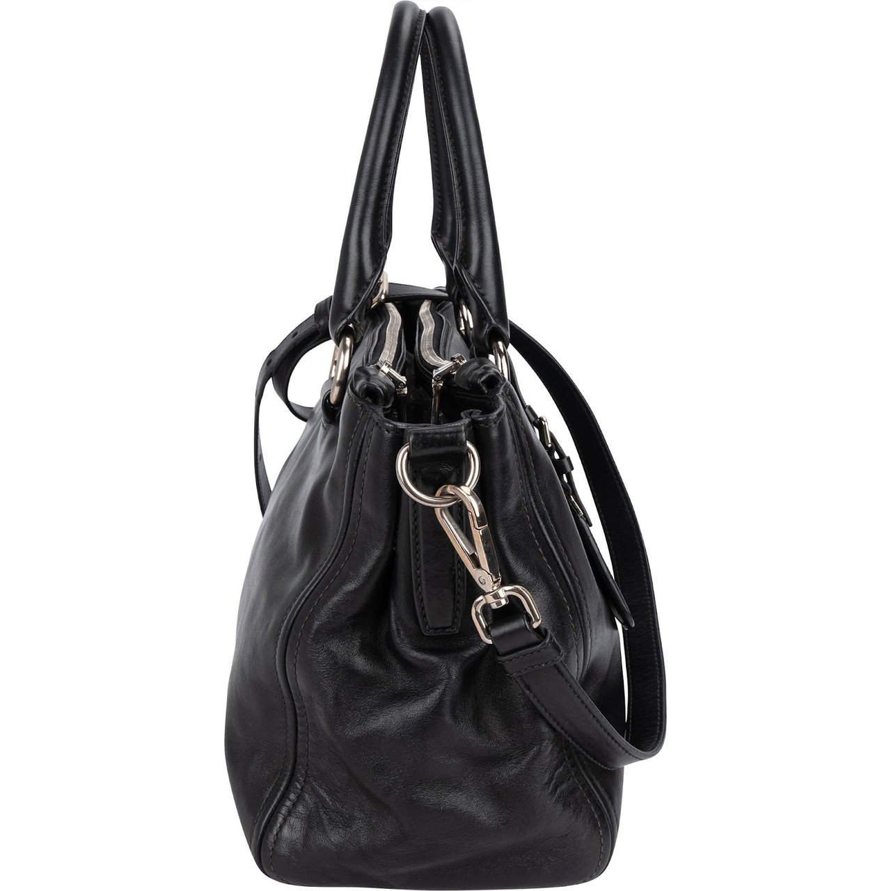 Prada Black Vitello Leather Top Handle Handbag Zwart