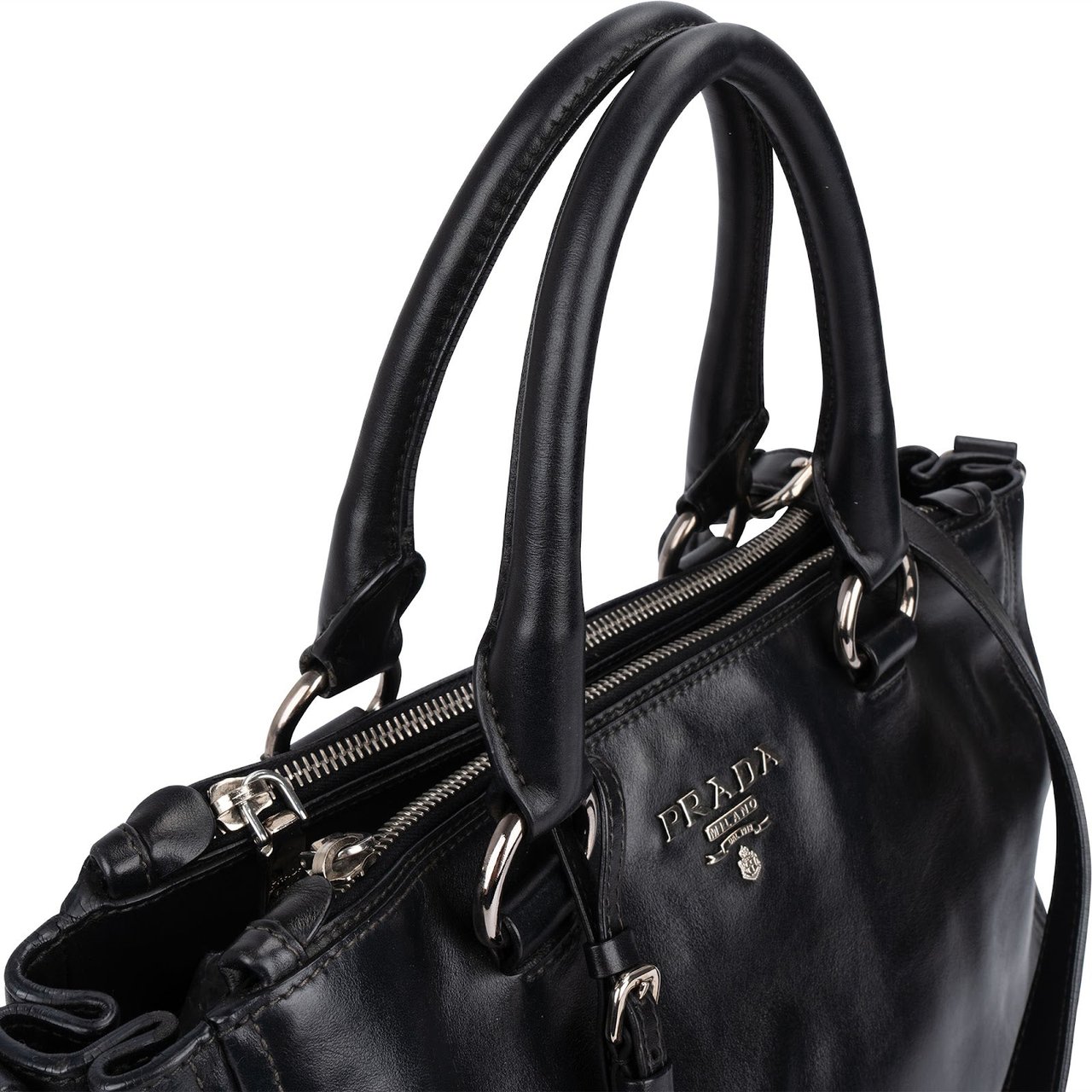 Prada Black Vitello Leather Top Handle Handbag Zwart
