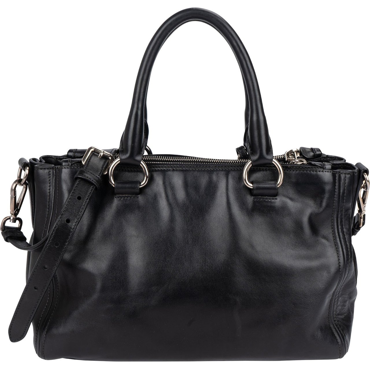 Prada Black Vitello Leather Top Handle Handbag Zwart