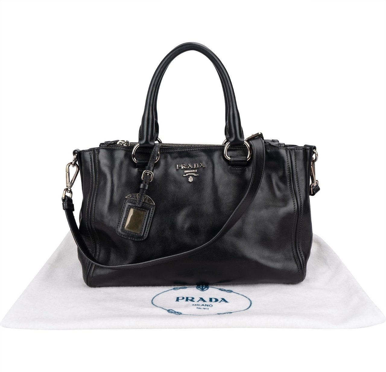 Prada Black Vitello Leather Top Handle Handbag Zwart