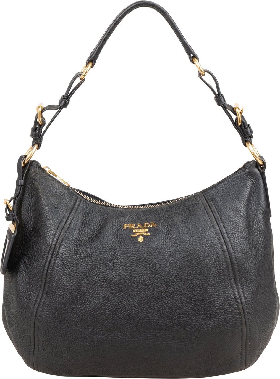 Prada Vitello Daino Leather Hobo Shoulder Bag Zwart