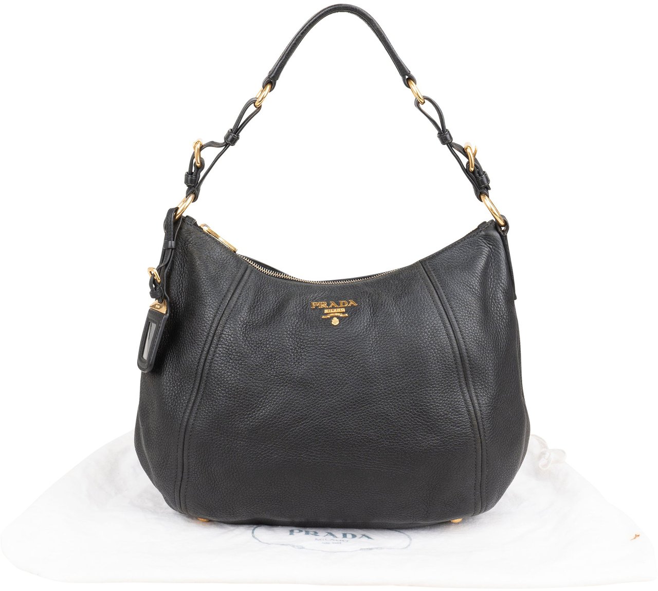 Prada Vitello Daino Leather Hobo Shoulder Bag Zwart