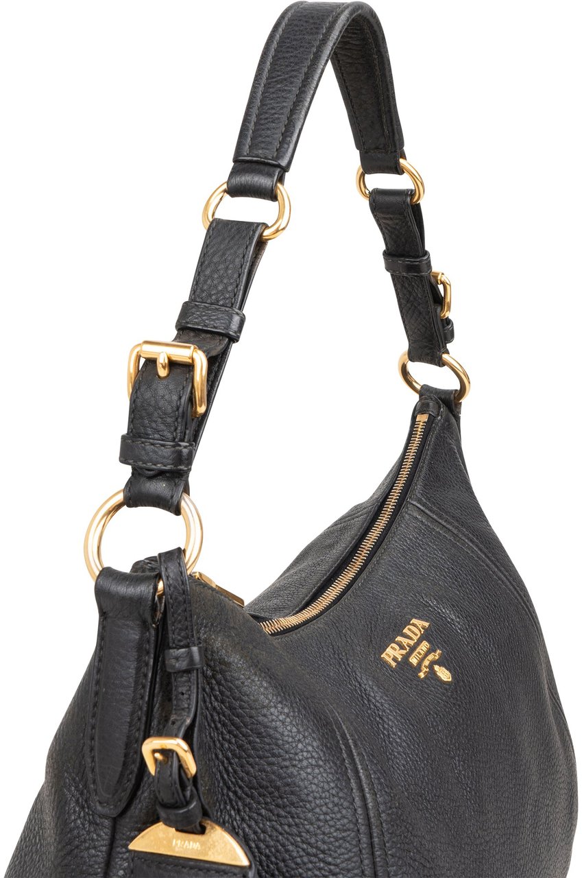 Prada Vitello Daino Leather Hobo Shoulder Bag Zwart