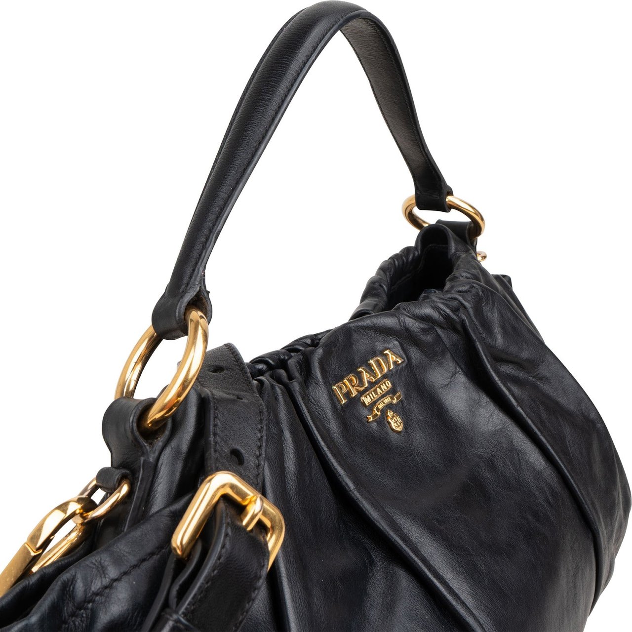 Prada Nappa Leather Gathered Hobo Shoulder Bag Zwart