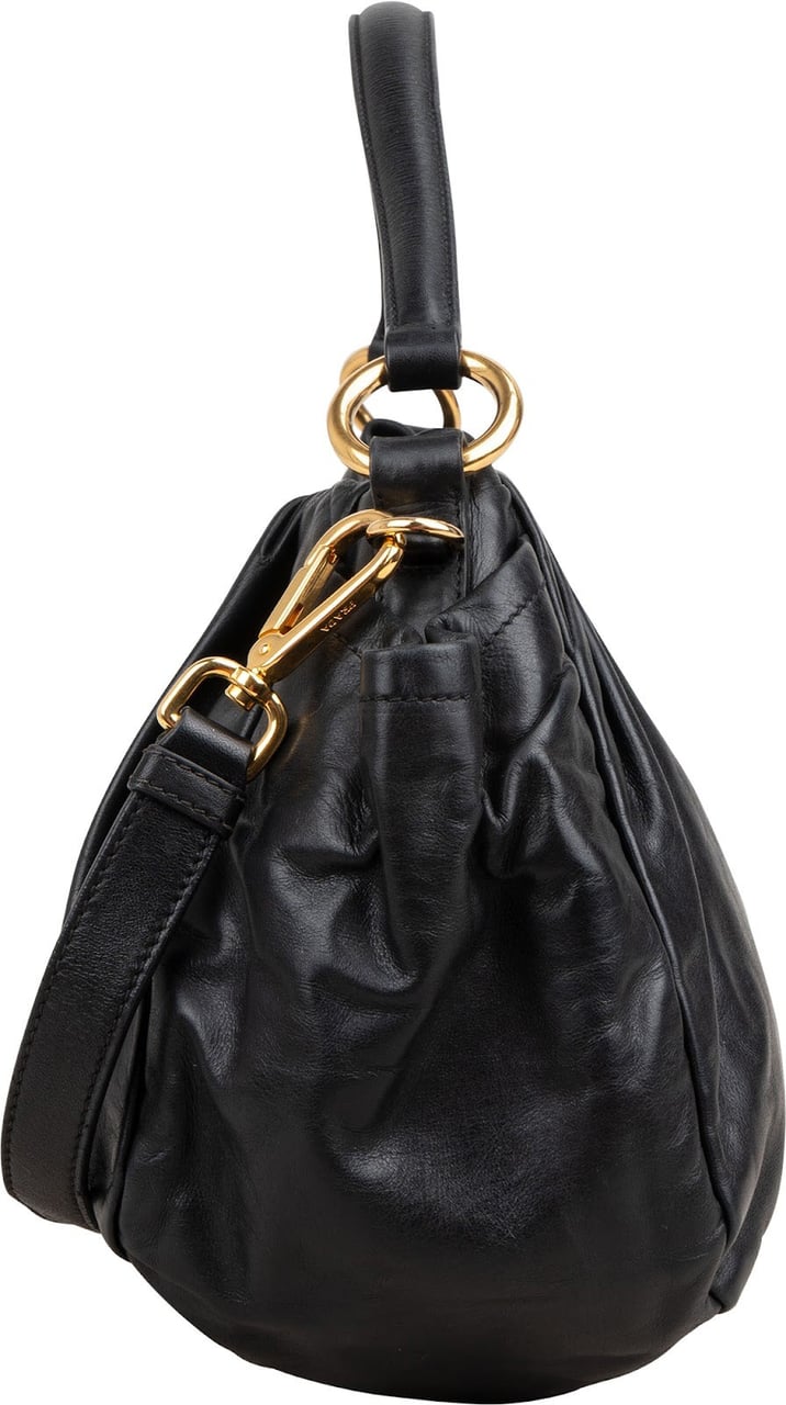 Prada Nappa Leather Gathered Hobo Shoulder Bag Zwart