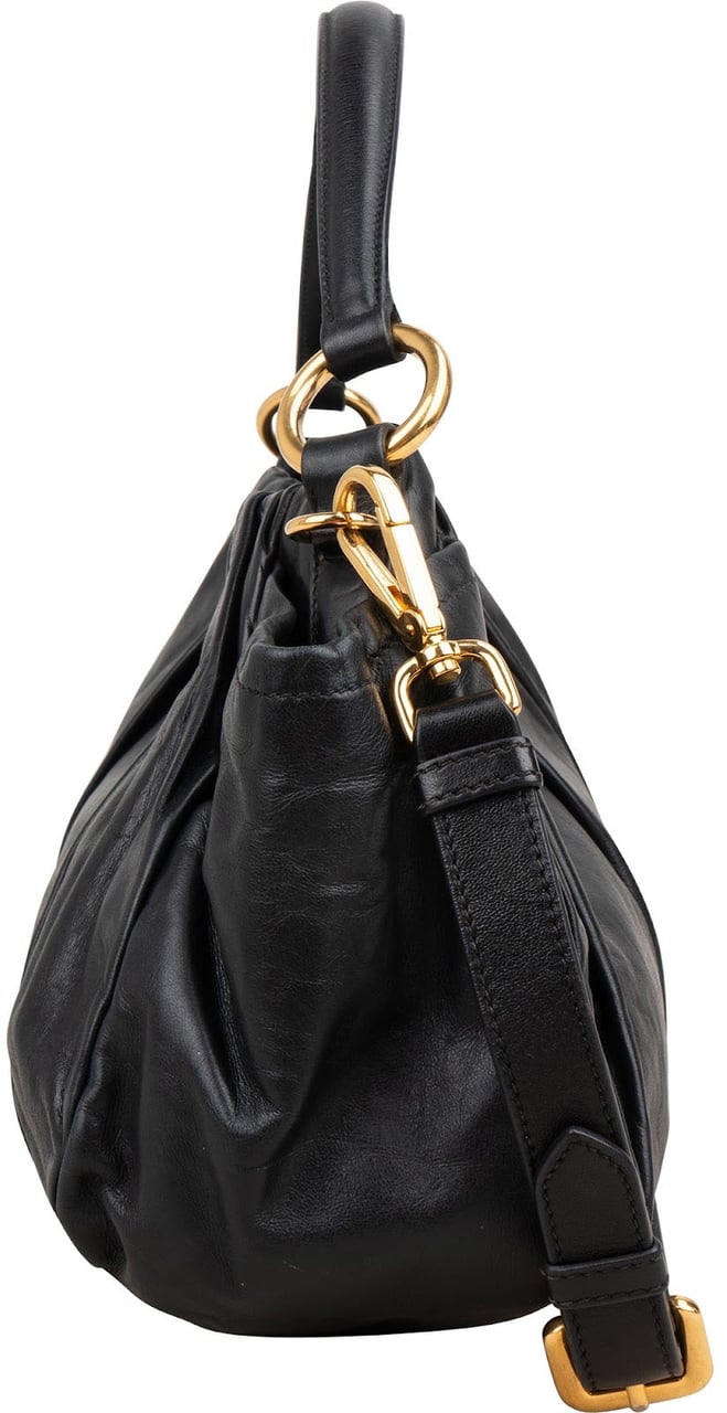 Prada Nappa Leather Gathered Hobo Shoulder Bag Zwart