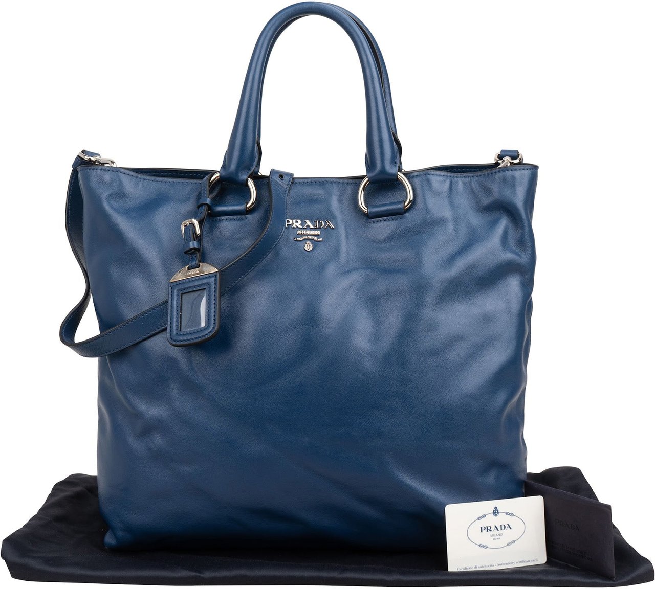 Prada Soft Calf Leather Tote Shoulder Bag Blauw