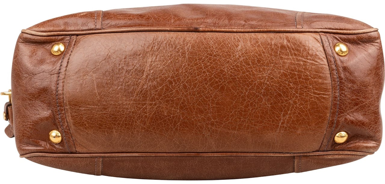 Prada Brown Vitello Leather Antic Bauletto Bag Handbag Bruin