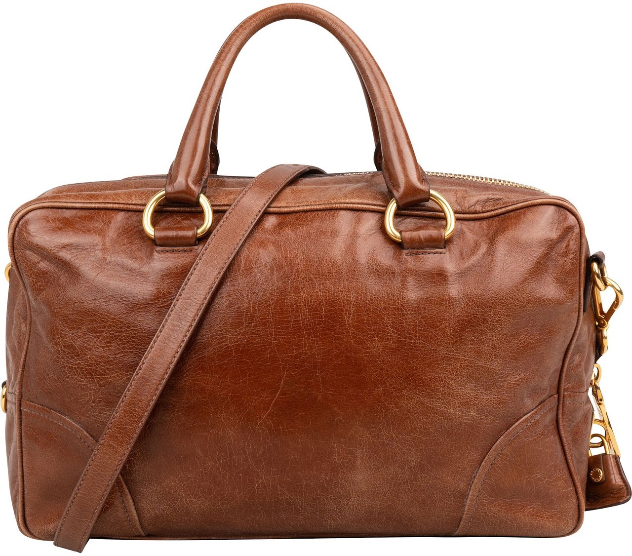 Prada Brown Vitello Leather Antic Bauletto Bag Handbag Bruin