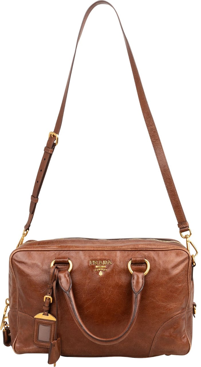 Prada Brown Vitello Leather Antic Bauletto Bag Handbag Bruin