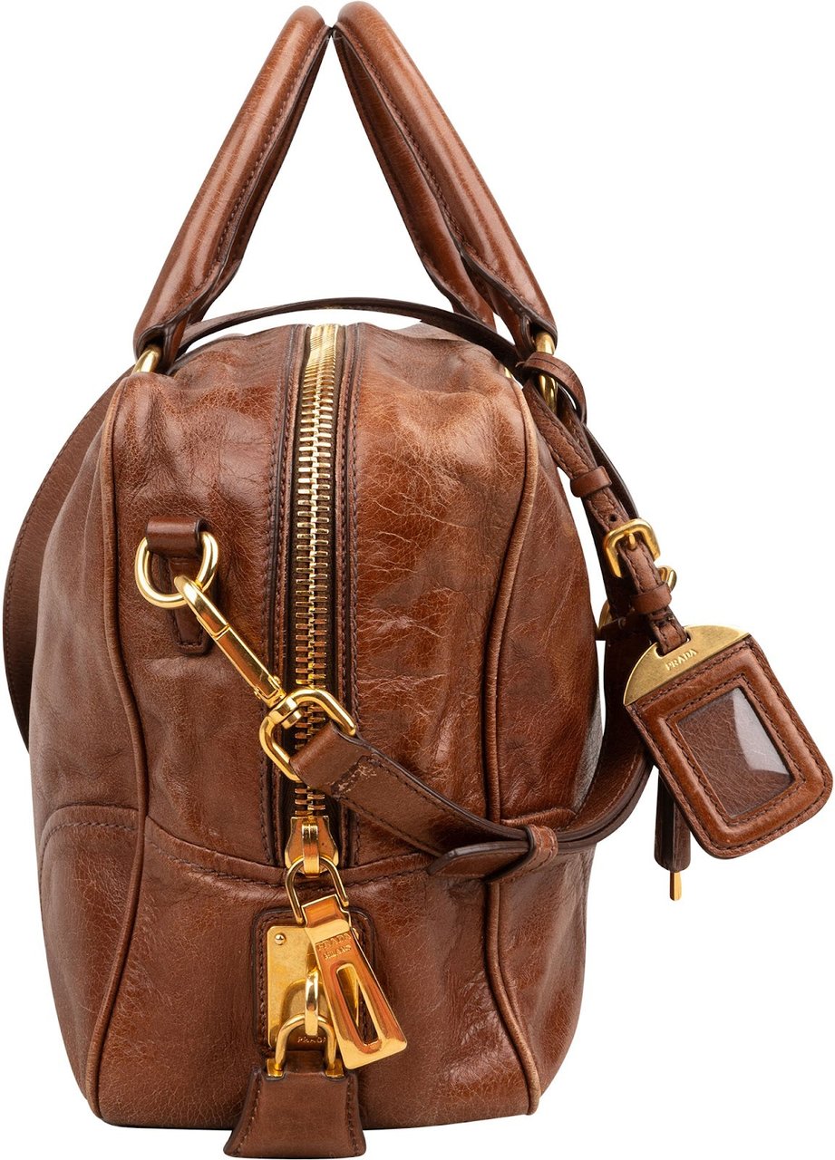 Prada Brown Vitello Leather Antic Bauletto Bag Handbag Bruin