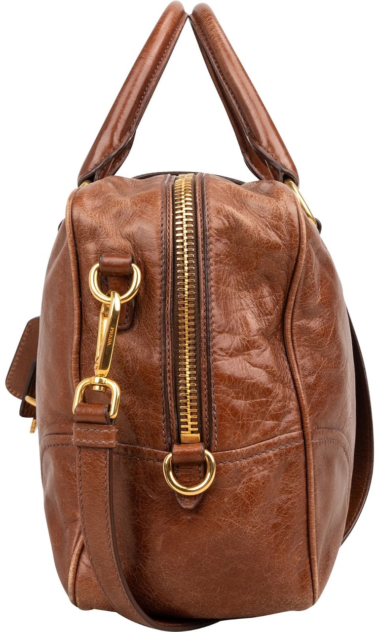 Prada Brown Vitello Leather Antic Bauletto Bag Handbag Bruin
