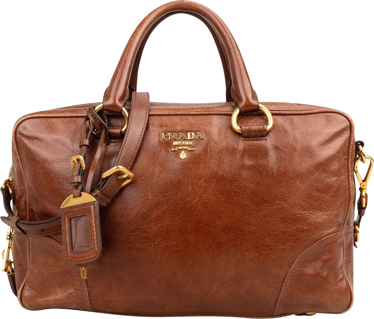 Prada Brown Vitello Leather Antic Bauletto Bag Handbag Bruin