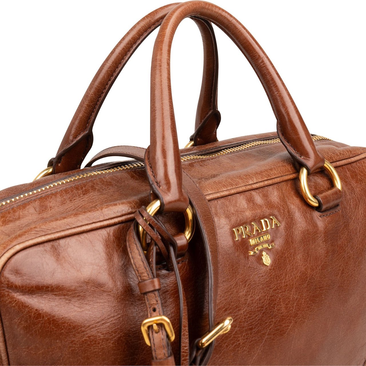 Prada Brown Vitello Leather Antic Bauletto Bag Handbag Bruin