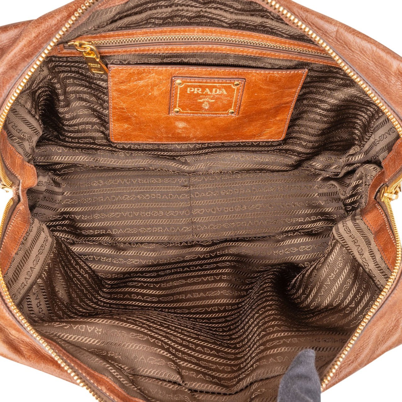 Prada Brown Vitello Leather Antic Bauletto Bag Handbag Bruin