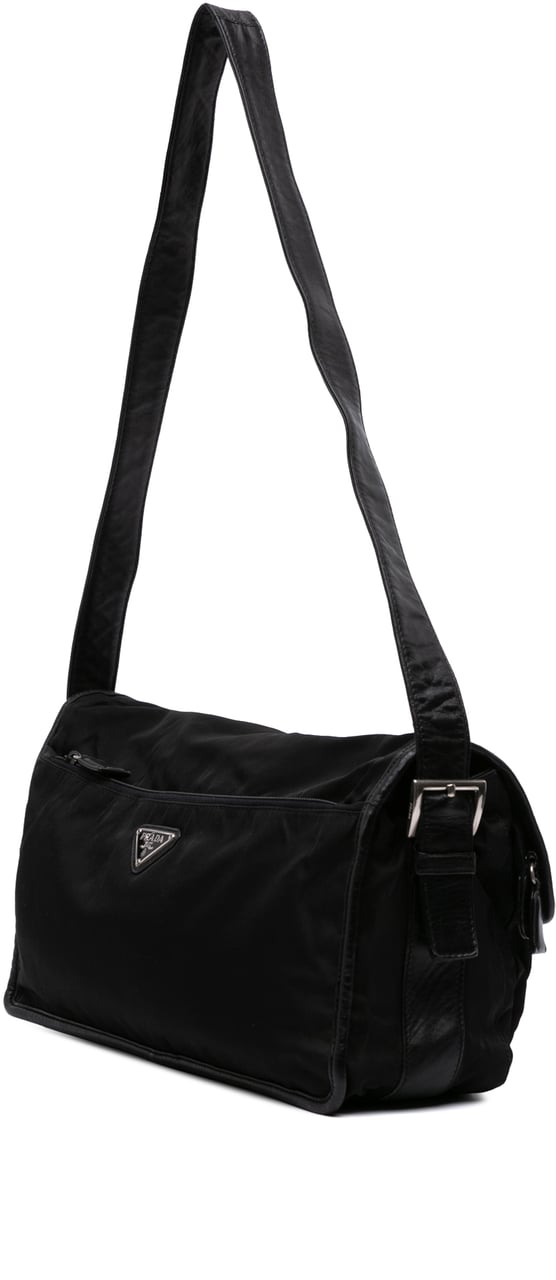 Prada Tessuto and Nappa Double Buckle Messenger Bag Zwart