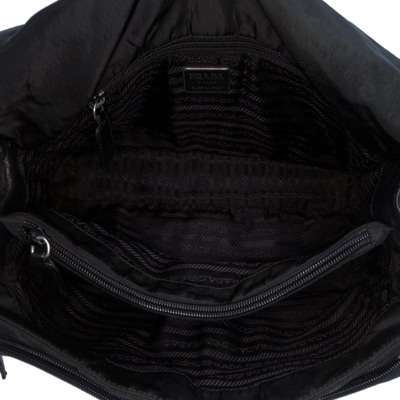 Prada Tessuto and Nappa Double Buckle Messenger Bag Zwart