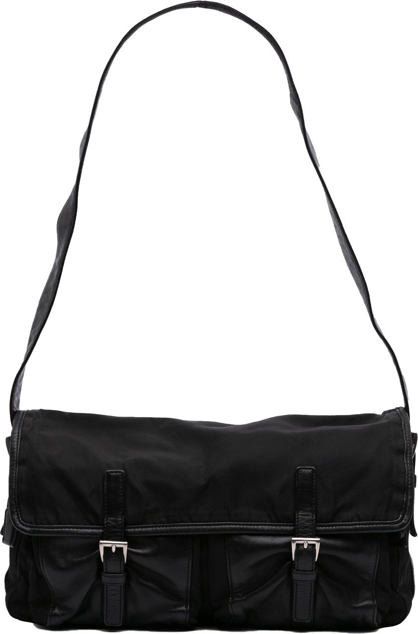 Prada Tessuto and Nappa Double Buckle Messenger Bag Zwart