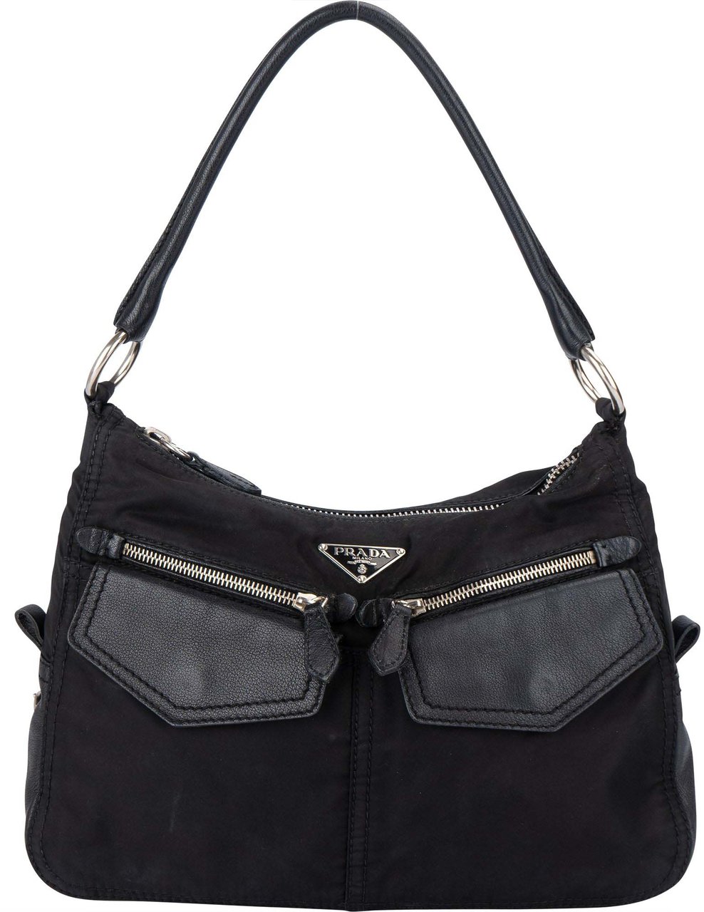 Prada Prada Black Nylon Triangle Twin Pocket Shoulder Bag Zwart