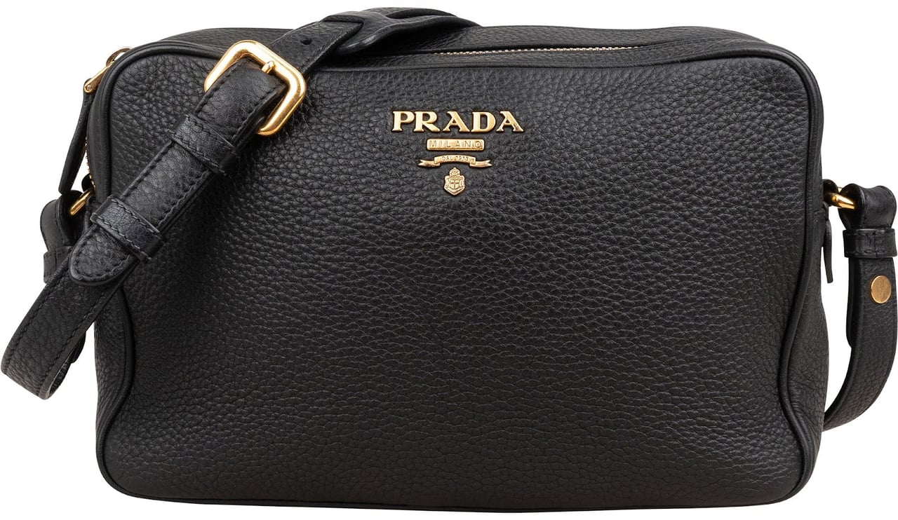 Prada Black Vitello Daino Leather Camera Crossbody Bag 1BH079 Zwart