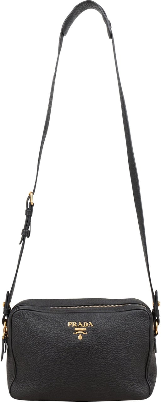 Prada Black Vitello Daino Leather Camera Crossbody Bag 1BH079 Zwart