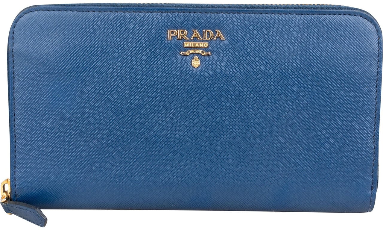 Prada Saffiano Metal Leather Zip Around Wallet Blauw