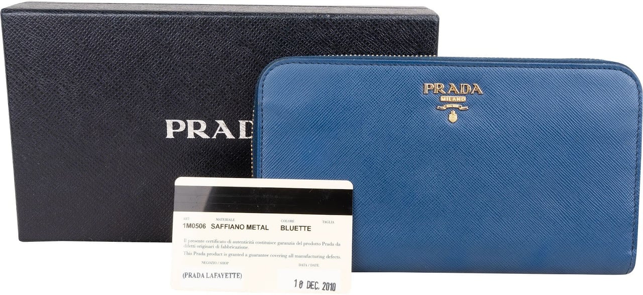 Prada Saffiano Metal Leather Zip Around Wallet Blauw