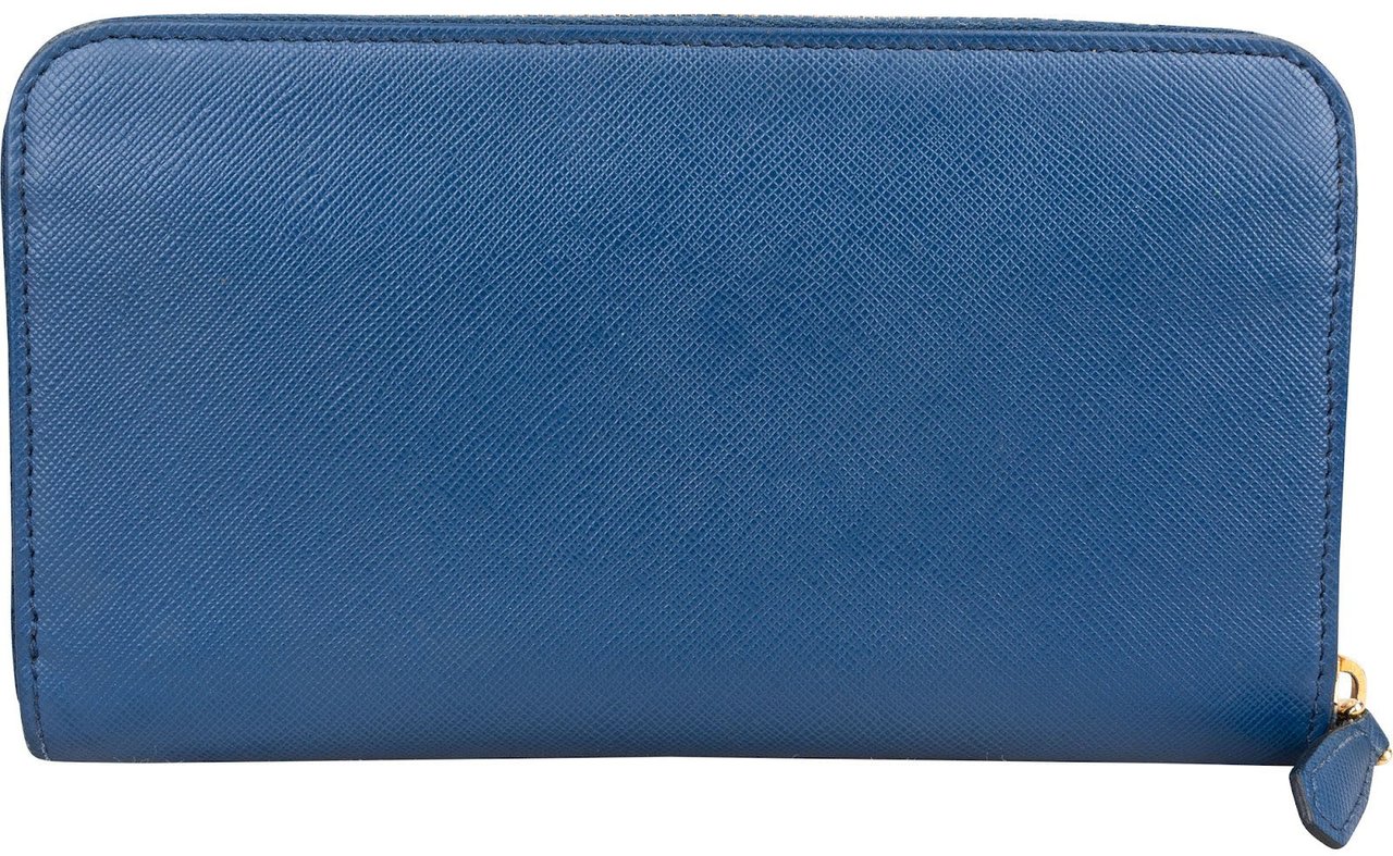 Prada Saffiano Metal Leather Zip Around Wallet Blauw