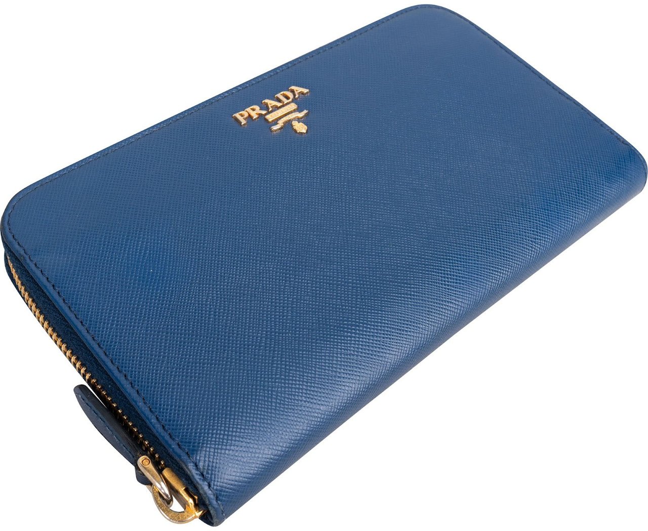 Prada Saffiano Metal Leather Zip Around Wallet Blauw