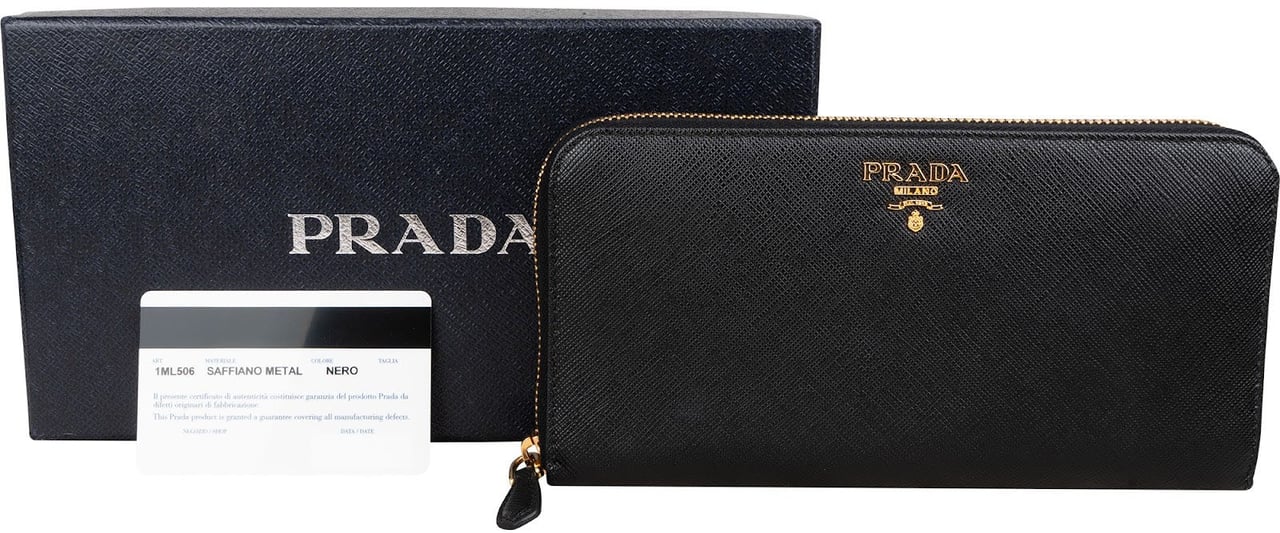 Prada Saffiano Metal Leather Zip Around Wallet Zwart