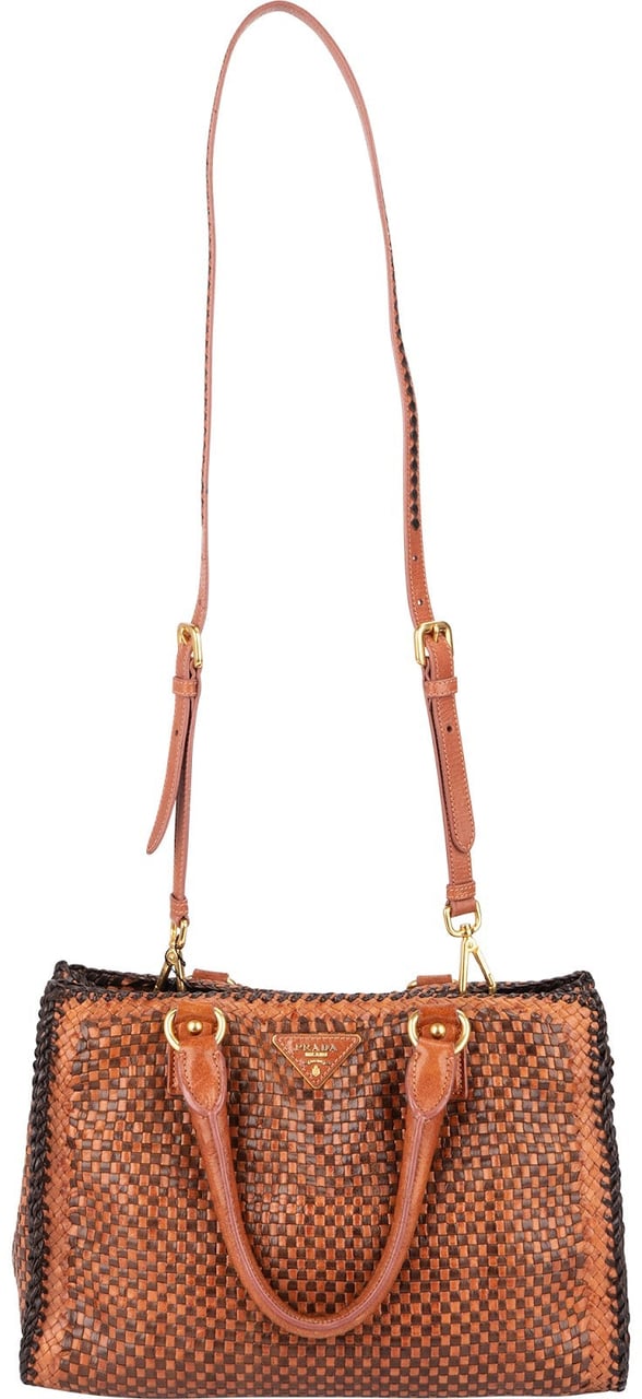 Prada Woven Leather Madras Made In India Tote Handbag Bruin