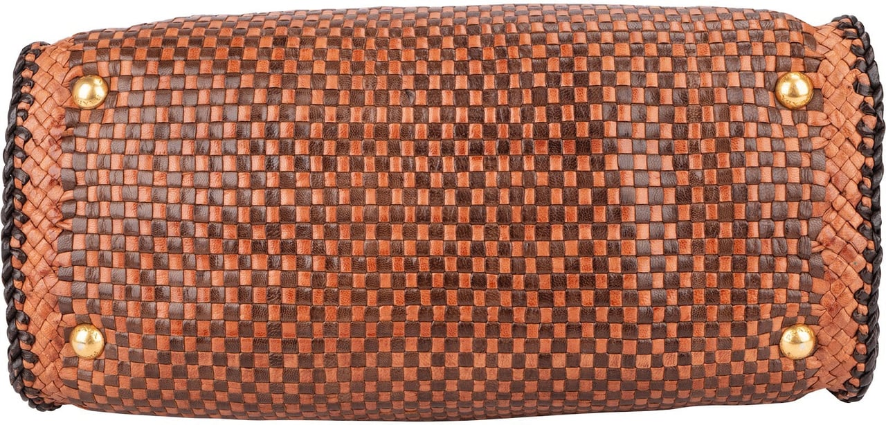 Prada Woven Leather Madras Made In India Tote Handbag Bruin