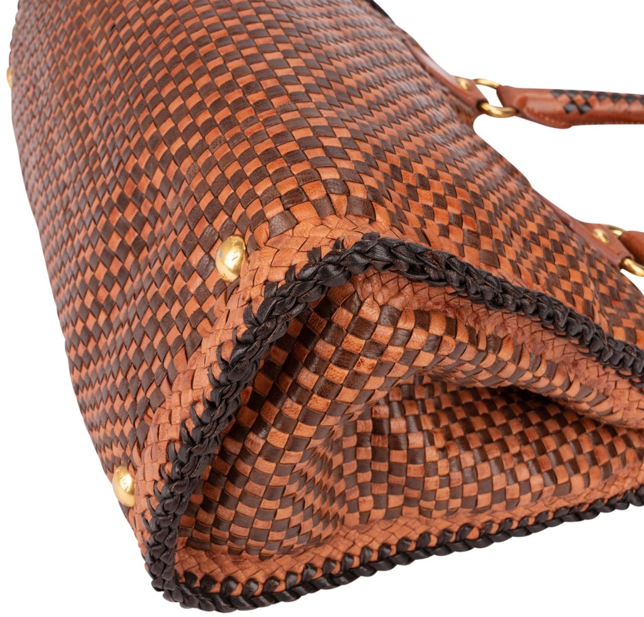 Prada Woven Leather Madras Made In India Tote Handbag Bruin