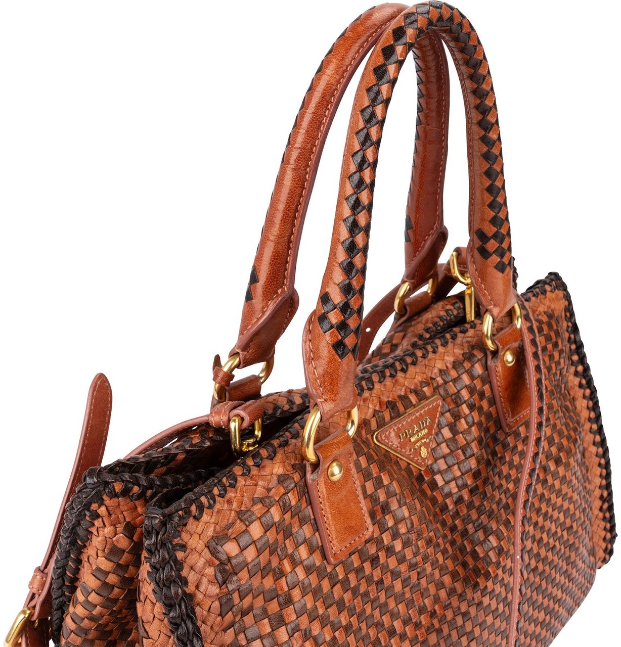 Prada Woven Leather Madras Made In India Tote Handbag Bruin