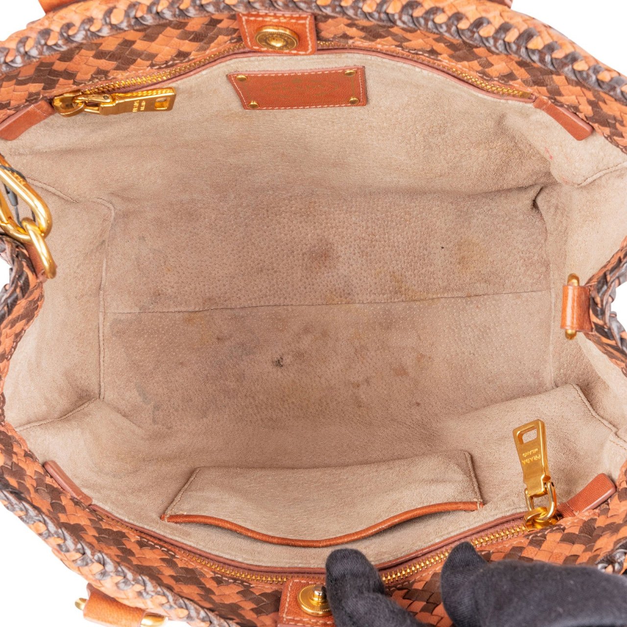 Prada Woven Leather Madras Made In India Tote Handbag Bruin