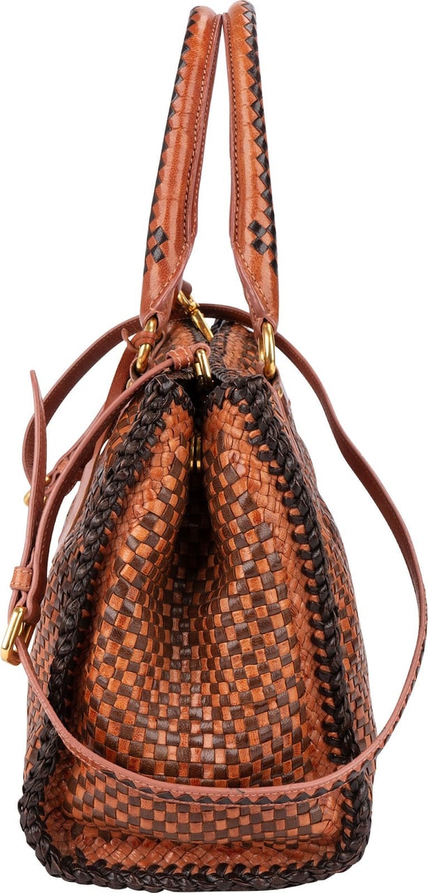 Prada Woven Leather Madras Made In India Tote Handbag Bruin