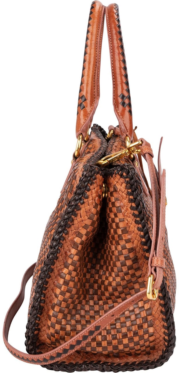 Prada Woven Leather Madras Made In India Tote Handbag Bruin