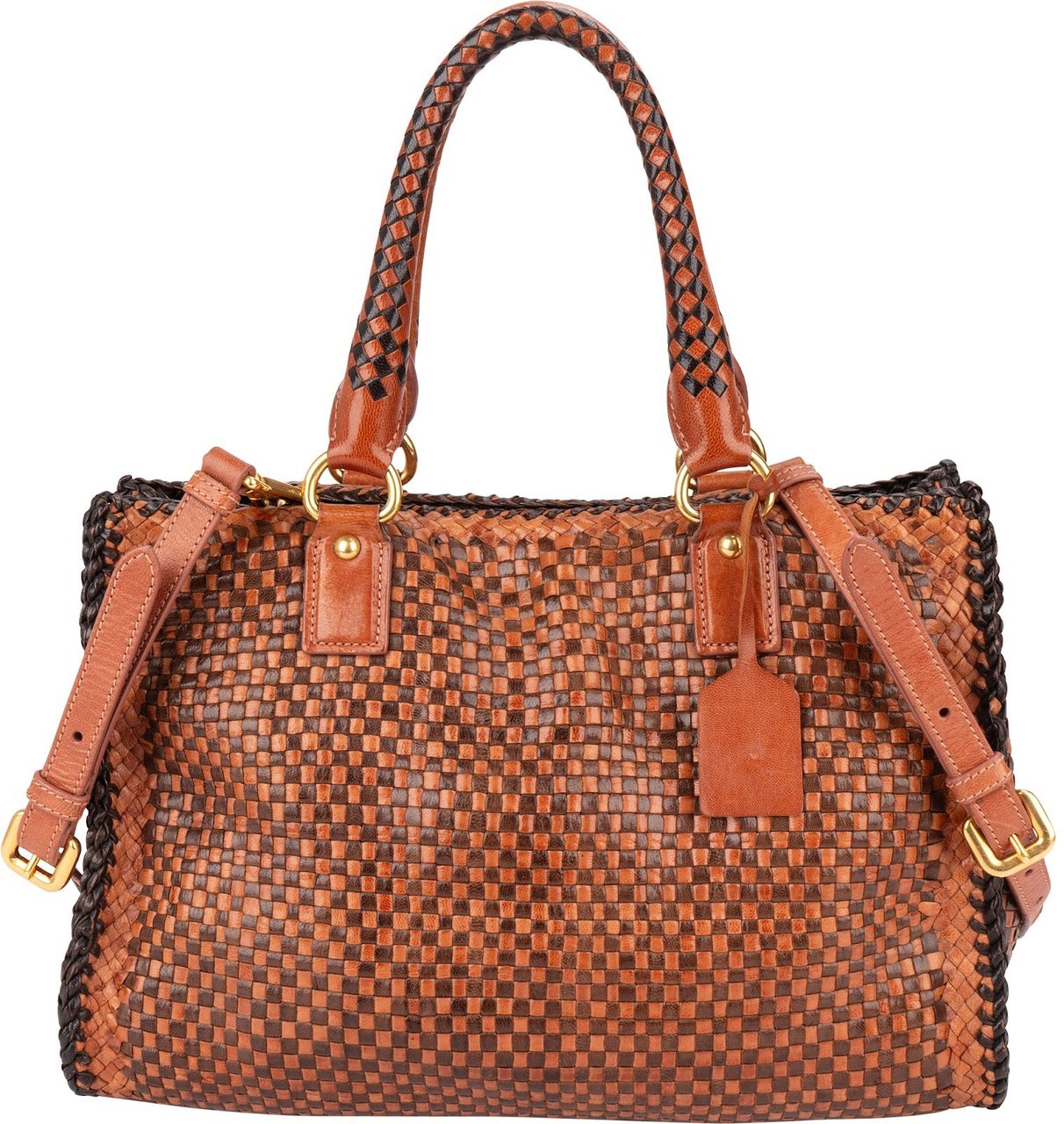 Prada Woven Leather Madras Made In India Tote Handbag Bruin