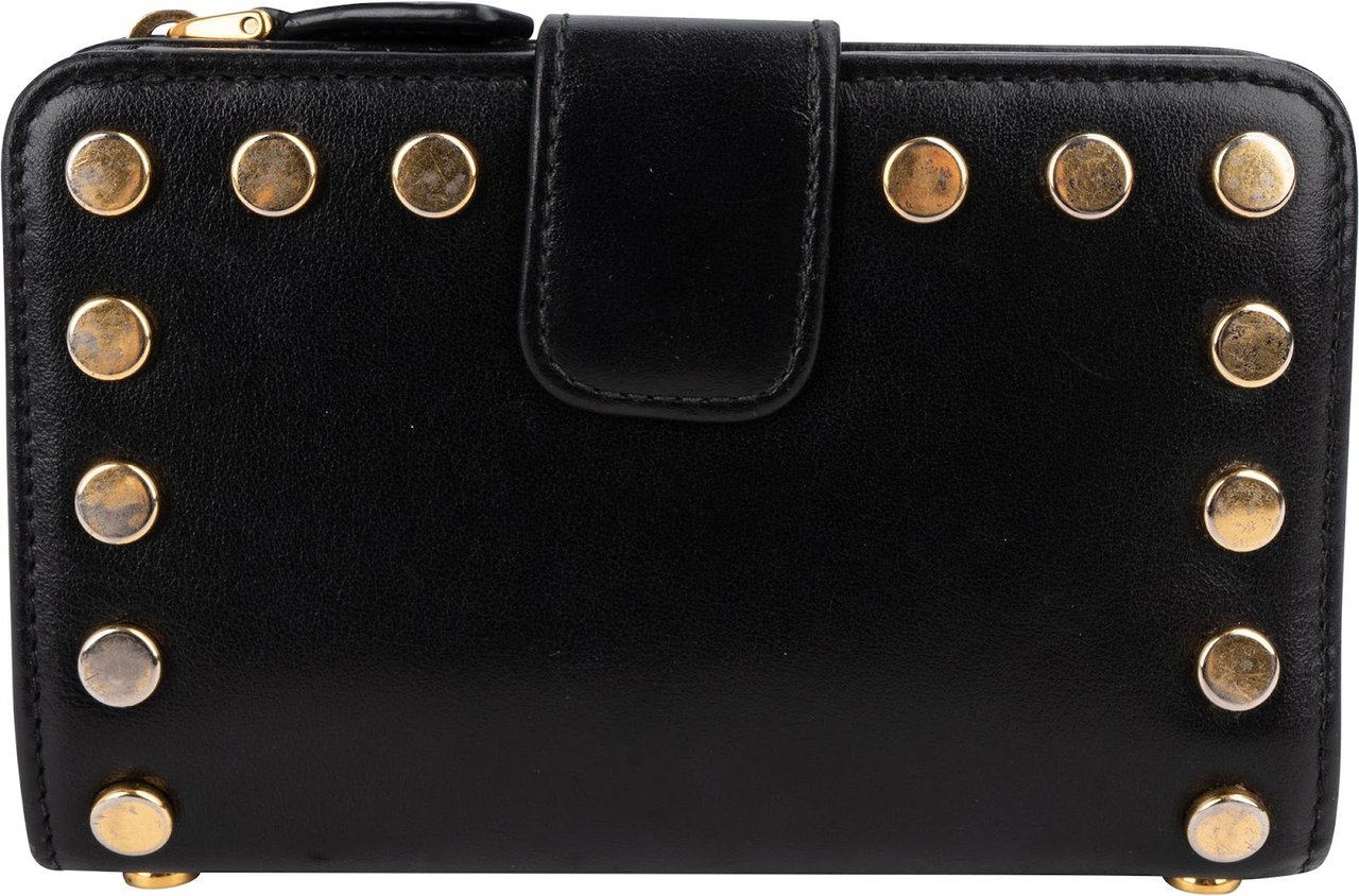Prada Noir Leather Studded Compact Wallet Zwart