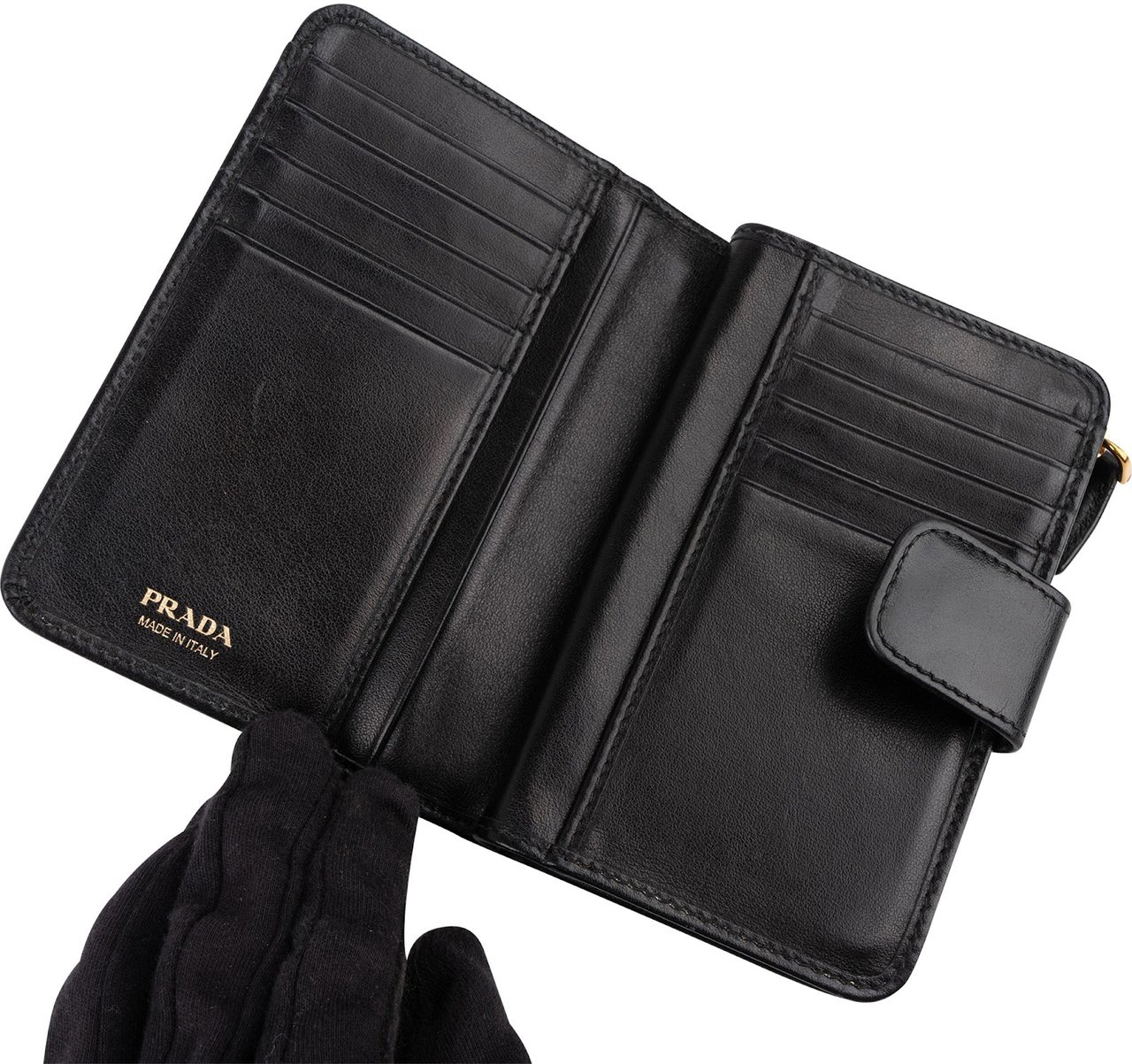 Prada Noir Leather Studded Compact Wallet Zwart