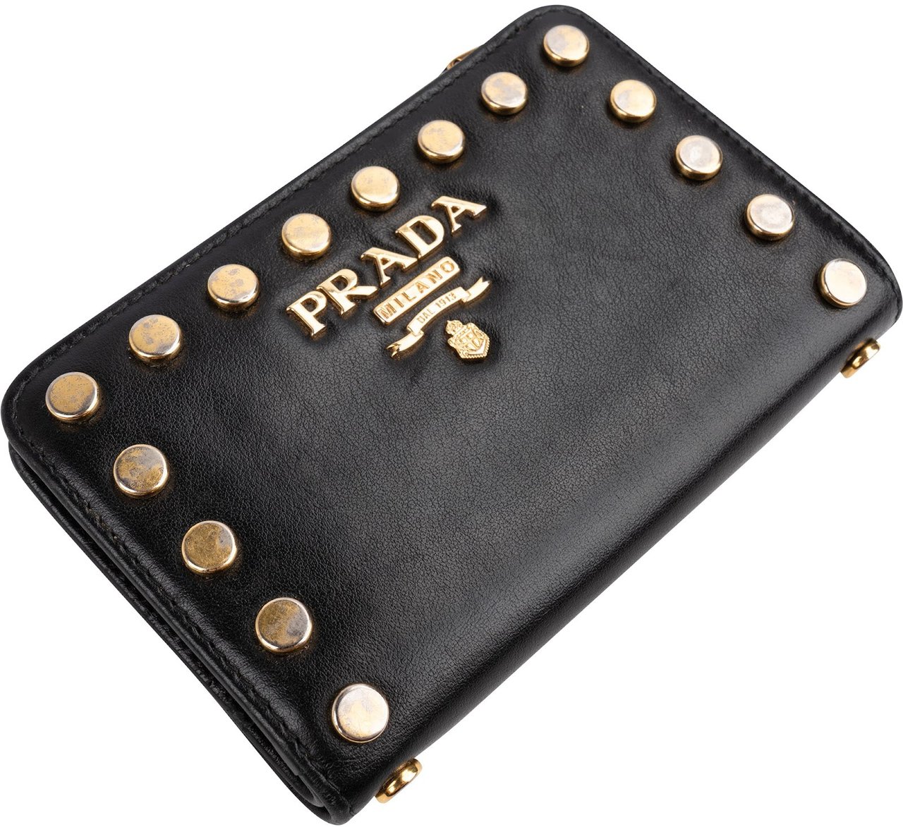 Prada Noir Leather Studded Compact Wallet Zwart