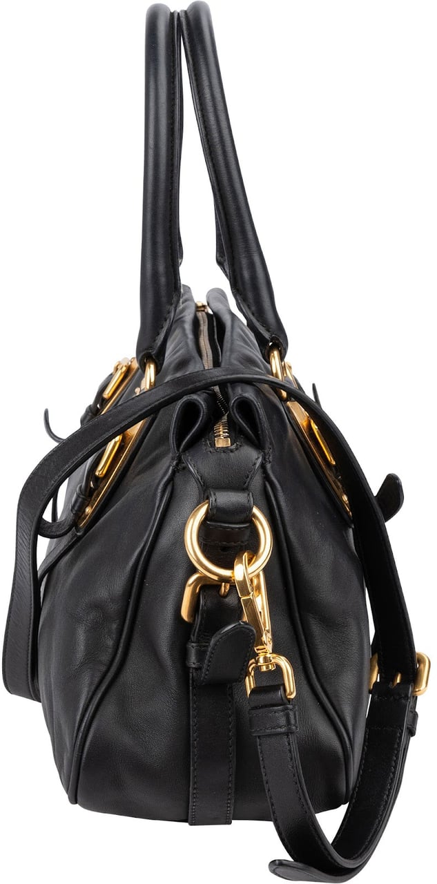 Prada Black Leather Buckle Tote Handbag Zwart