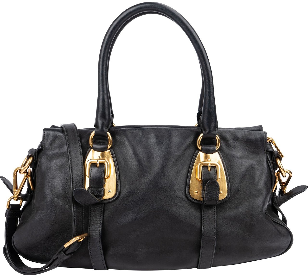 Prada Black Leather Buckle Tote Handbag Zwart