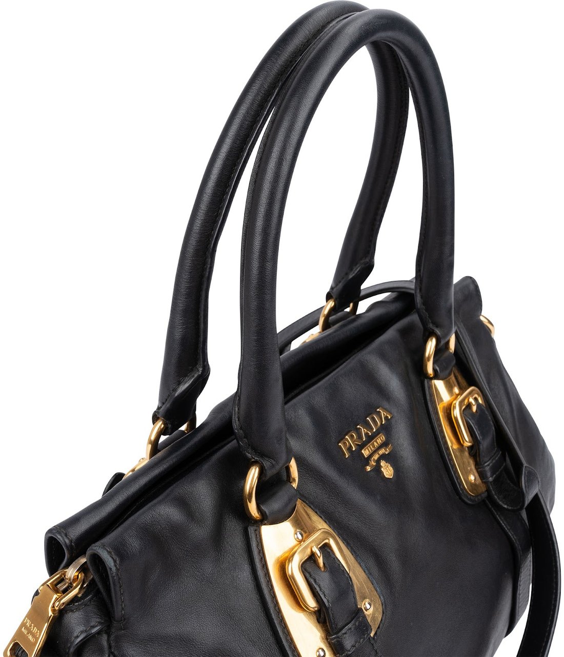 Prada Black Leather Buckle Tote Handbag Zwart