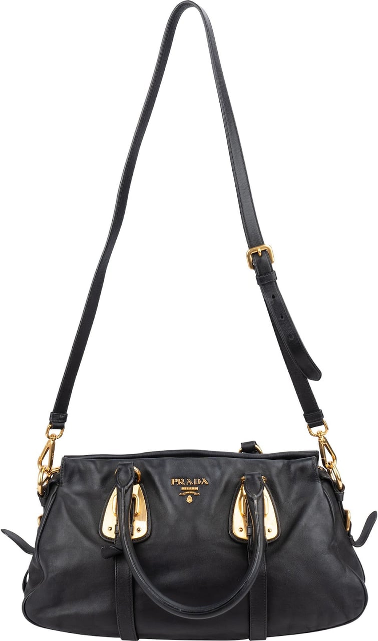 Prada Black Leather Buckle Tote Handbag Zwart