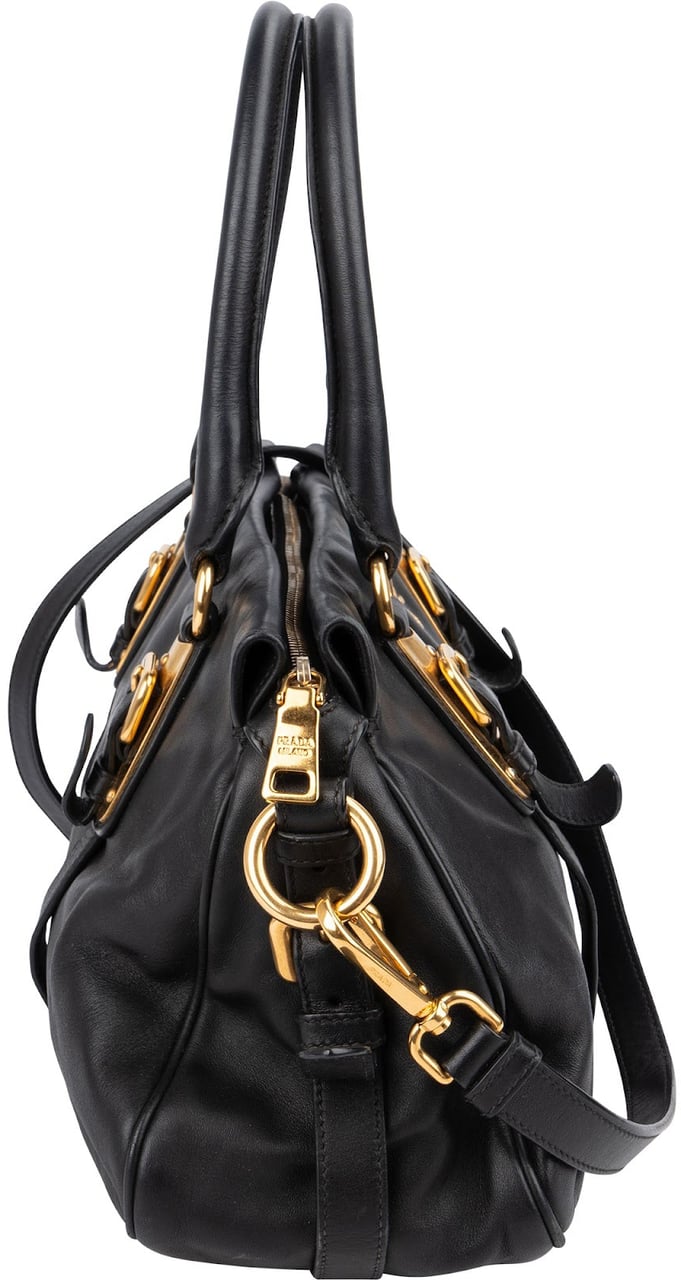 Prada Black Leather Buckle Tote Handbag Zwart