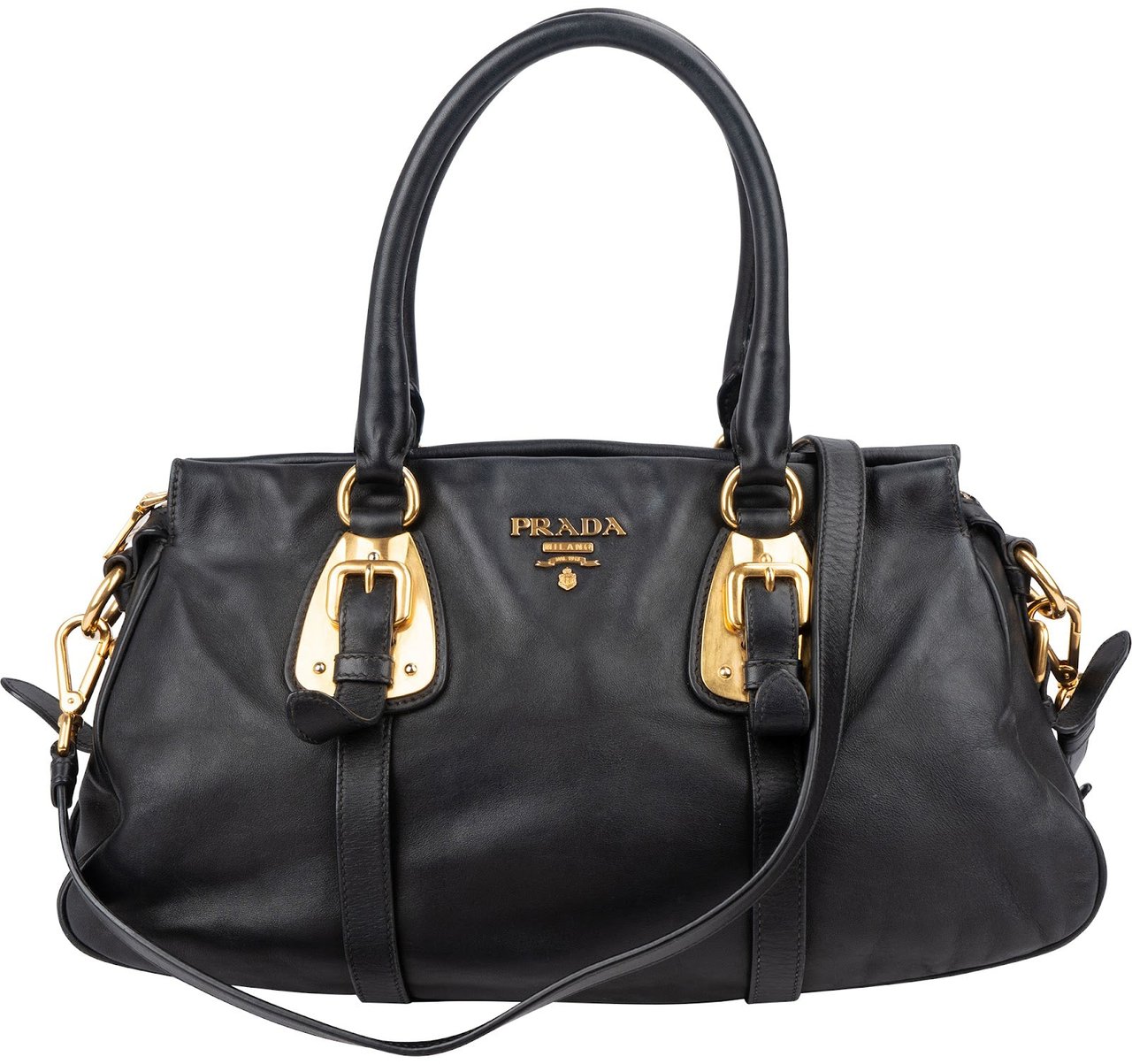 Prada Black Leather Buckle Tote Handbag Zwart