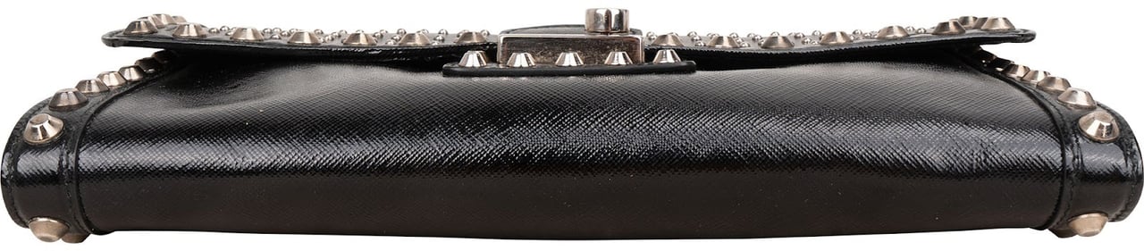 Prada Saffiano Move Leather Studded Lock Clutch Bag Zwart