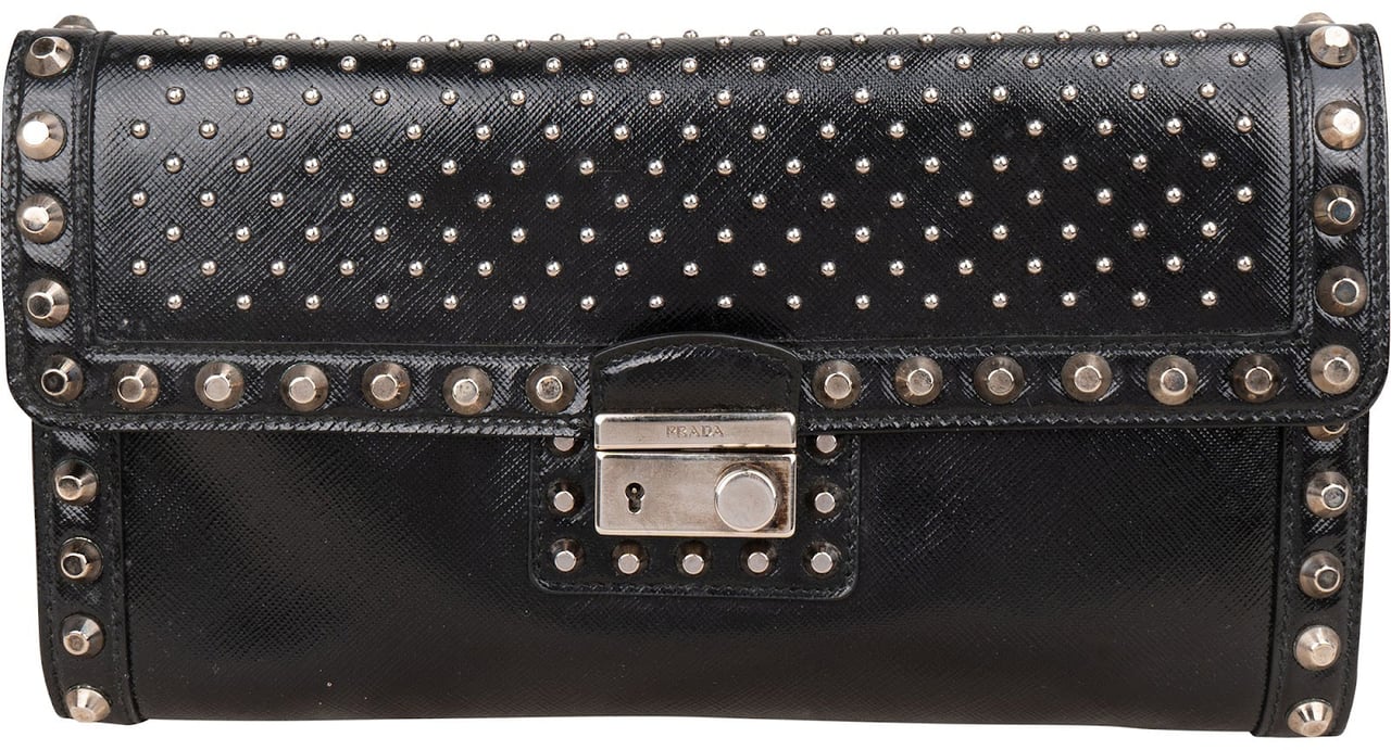 Prada Saffiano Move Leather Studded Lock Clutch Bag Zwart